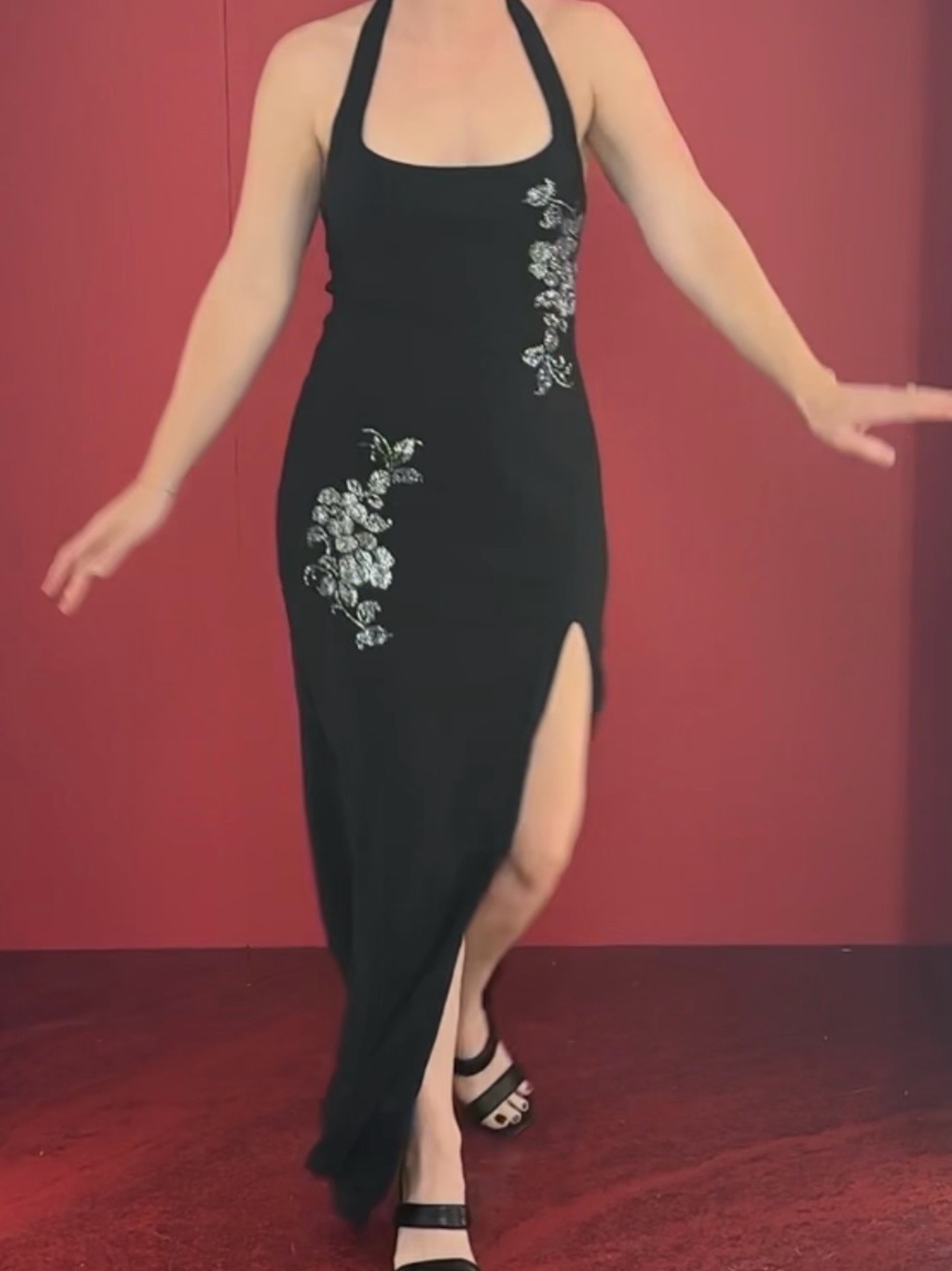 Hello Molly 90s Black Halter Maxi Dress with Silver Floral Embroidery